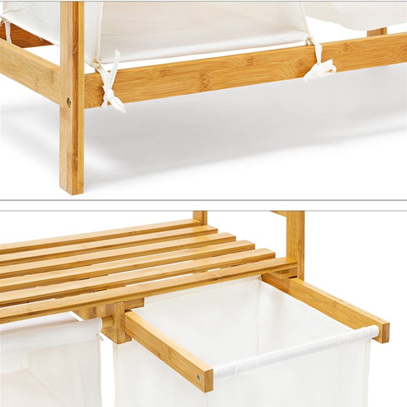 Wholesale 3 Compartments Shelf Original Bamboo Laundry Hamper Basket with White Linen Fabric Storage Bag 3 Tier Drawer