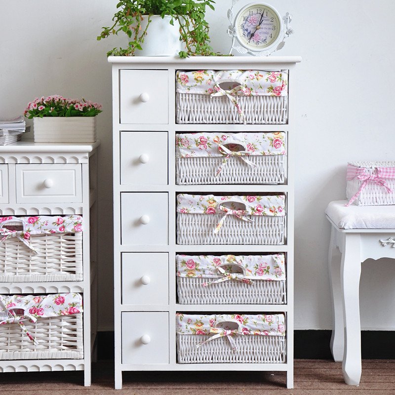 Living room paulownia wooden storage cabinet with wicker basket drawer