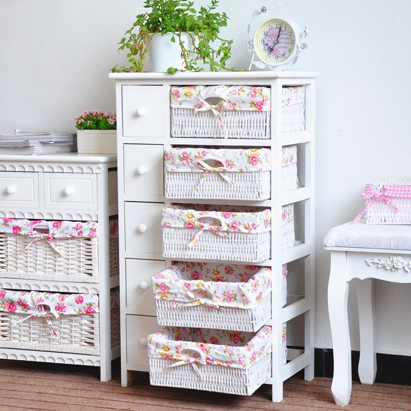 Living room paulownia wooden storage cabinet with wicker basket drawer
