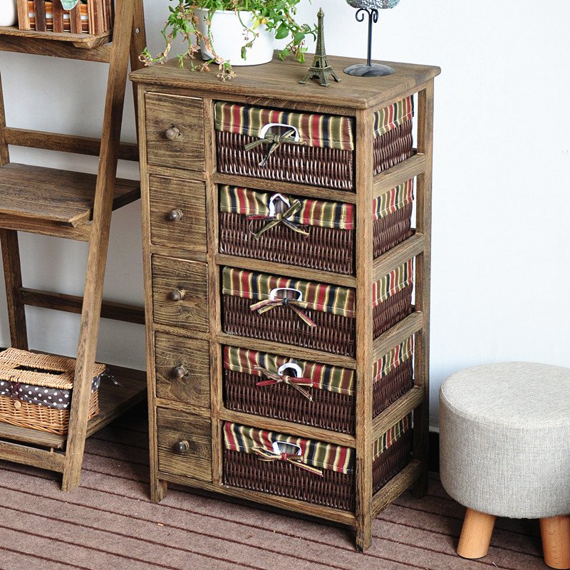 Living room paulownia wooden storage cabinet with wicker basket drawer