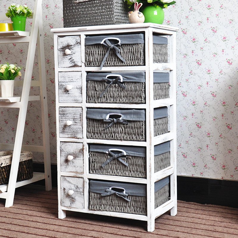 Living room paulownia wooden storage cabinet with wicker basket drawer