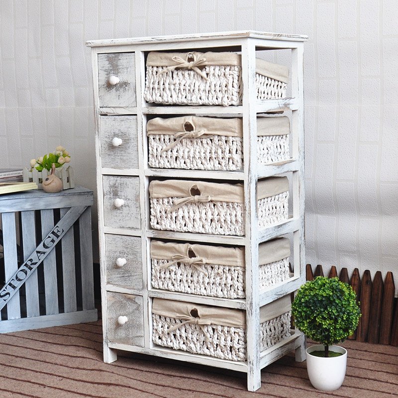 Living room paulownia wooden storage cabinet with wicker basket drawer
