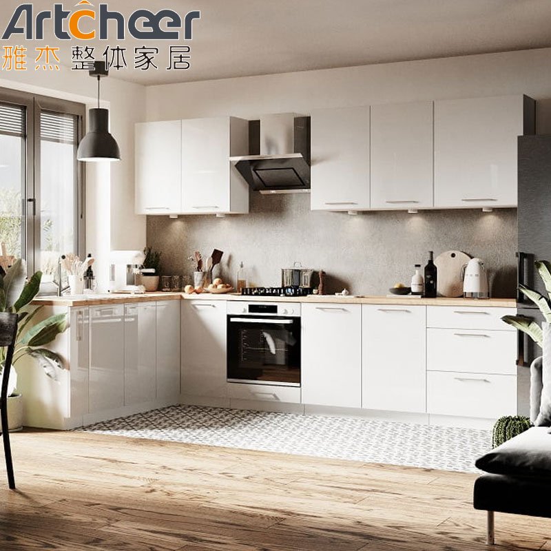 White cheap kitchen cabinets high gloss lacquer modern luxury cabinet design L shape bullnose edge with waste container