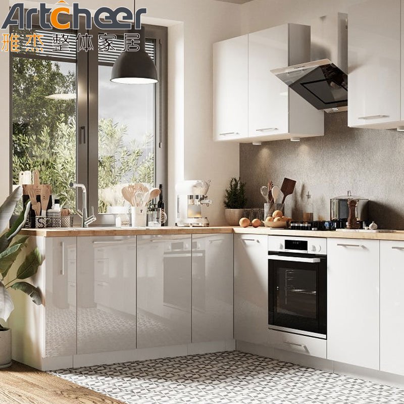White cheap kitchen cabinets high gloss lacquer modern luxury cabinet design L shape bullnose edge with waste container