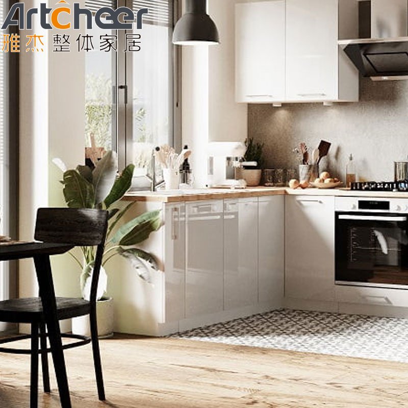 White cheap kitchen cabinets high gloss lacquer modern luxury cabinet design L shape bullnose edge with waste container