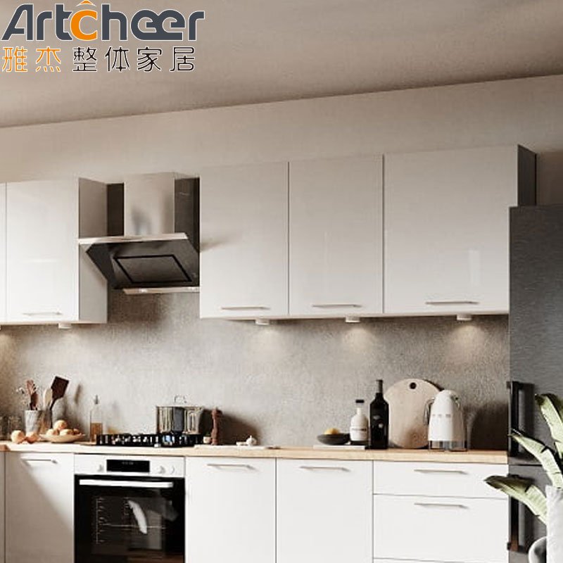 White cheap kitchen cabinets high gloss lacquer modern luxury cabinet design L shape bullnose edge with waste container
