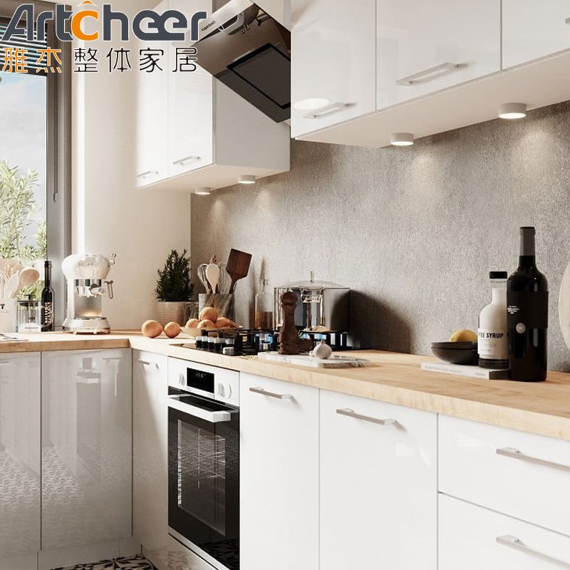 White cheap kitchen cabinets high gloss lacquer modern luxury cabinet design L shape bullnose edge with waste container
