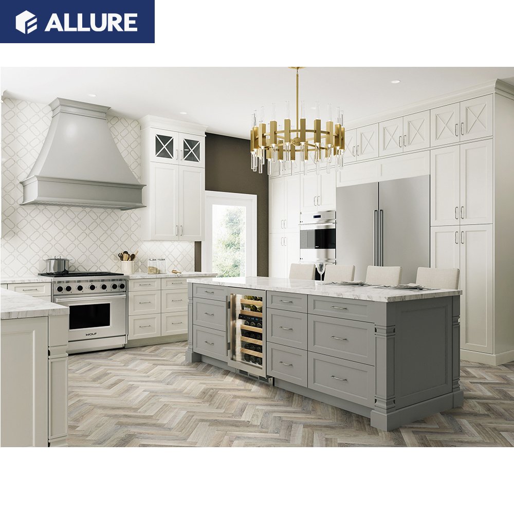 Allure Simple Design U Shaped Hanging Pull Outs Wood Compact Cabinet Kitchen Set