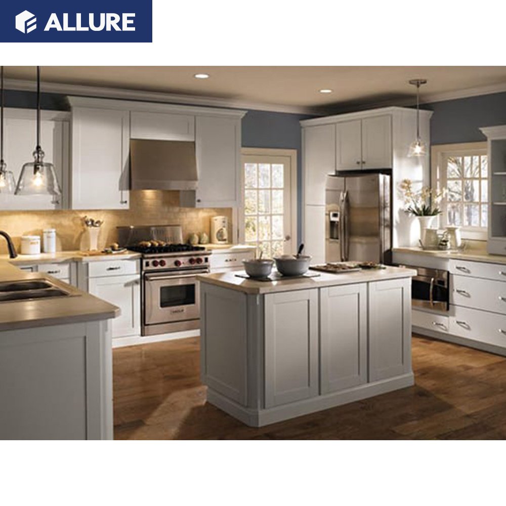 Allure Simple Design U Shaped Hanging Pull Outs Wood Compact Cabinet Kitchen Set