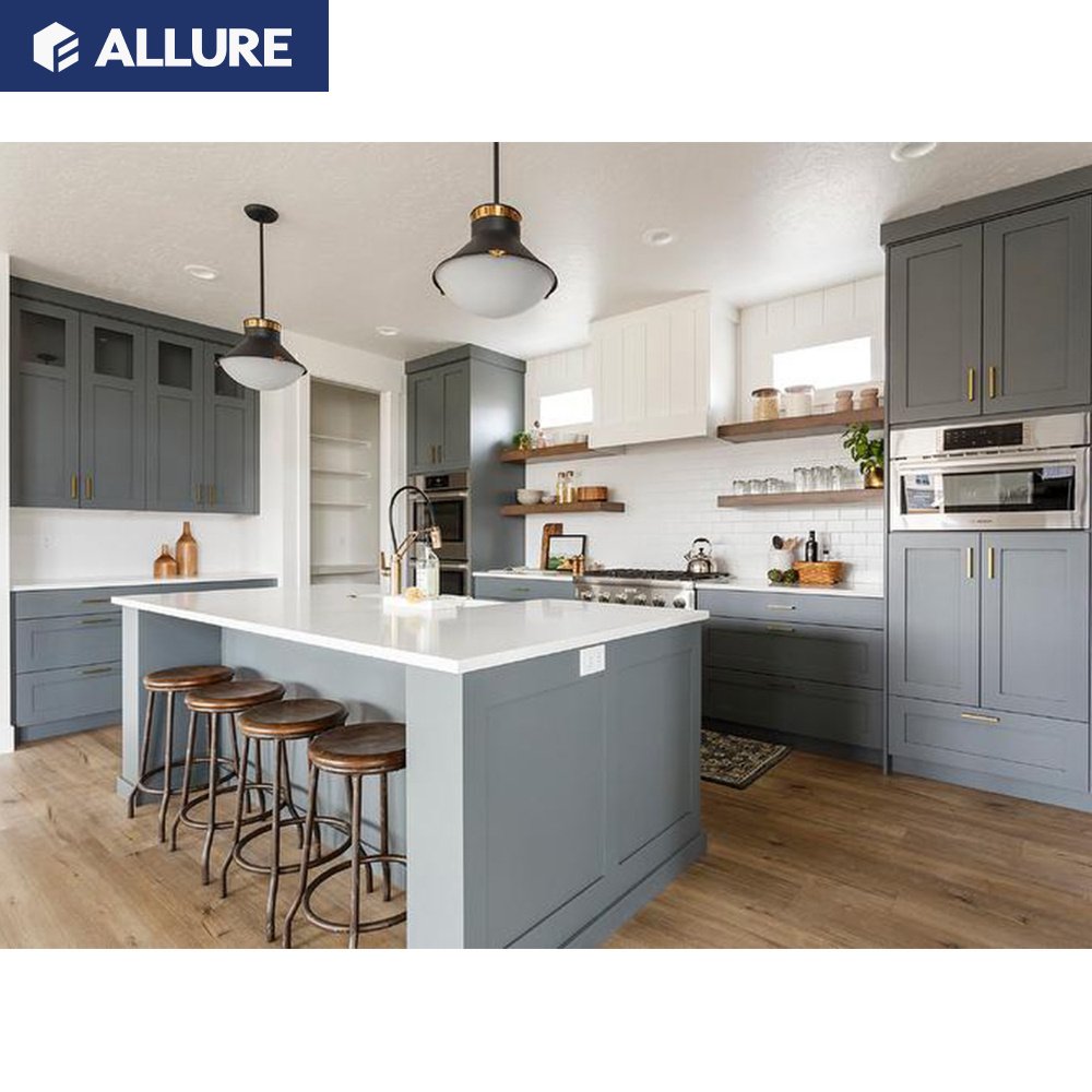 Allure Simple Design U Shaped Hanging Pull Outs Wood Compact Cabinet Kitchen Set
