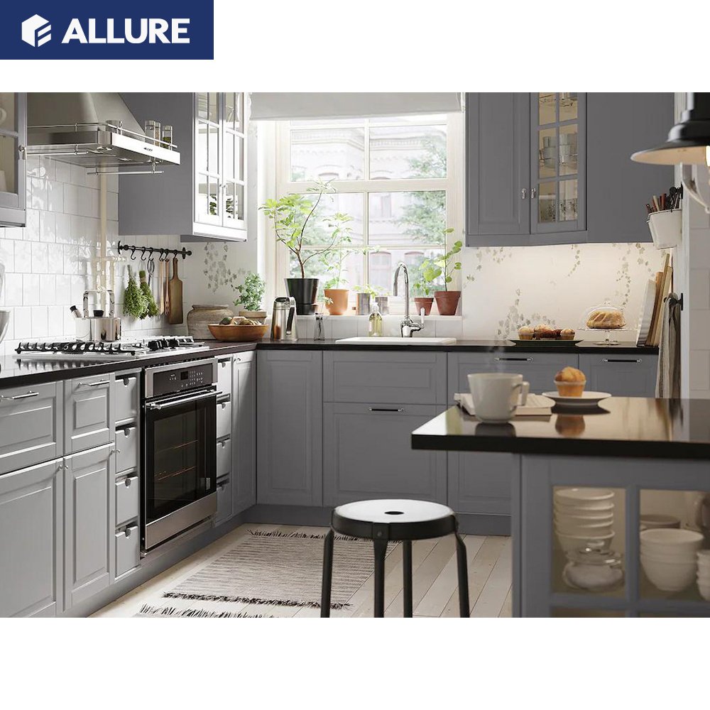 Allure Simple Design U Shaped Hanging Pull Outs Wood Compact Cabinet Kitchen Set