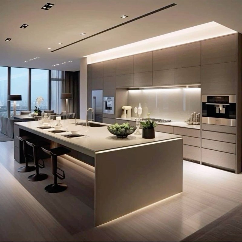 Custom Modern Kitchen Furniture Smart LED light Marble Countertops Wood Pantry Kitchen Cabinet Set