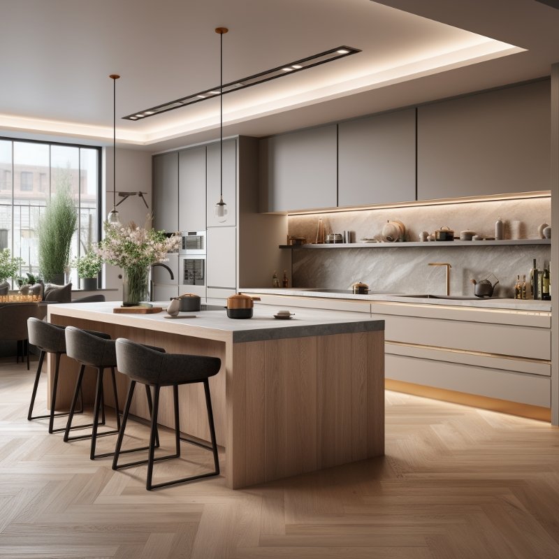 Custom Modern Kitchen Furniture Smart LED light Marble Countertops Wood Pantry Kitchen Cabinet Set
