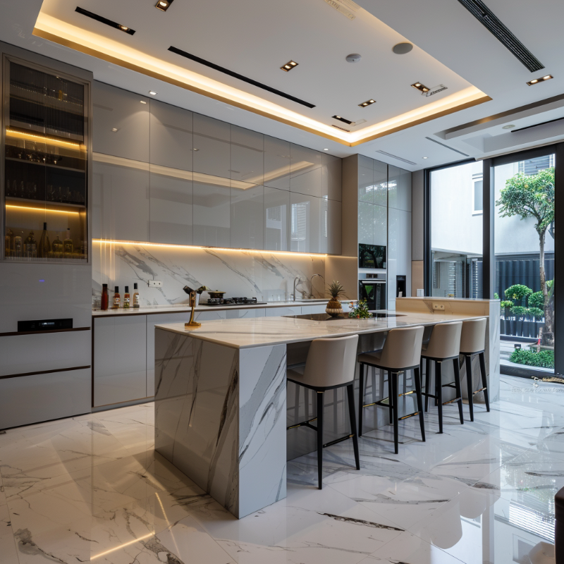 Custom Modern Kitchen Furniture Smart LED light Marble Countertops Wood Pantry Kitchen Cabinet Set
