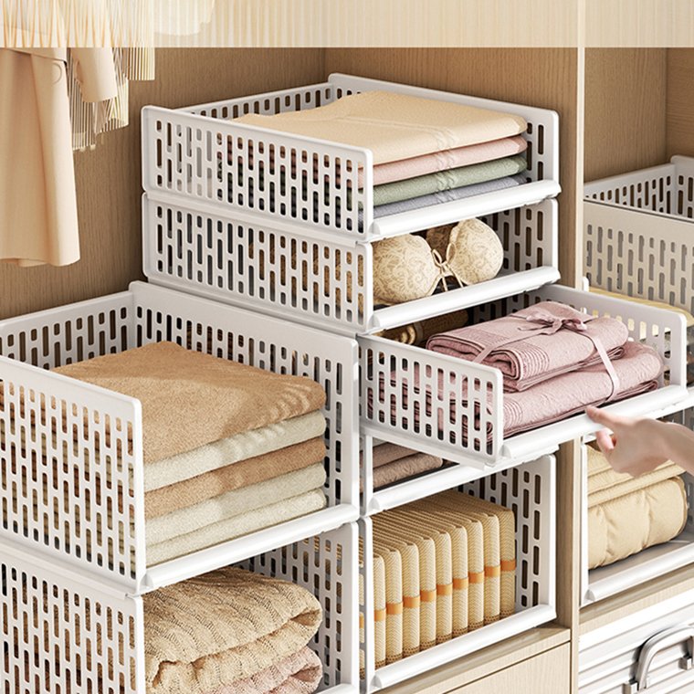 Bedroom Shelf Space Saving Storage Basket Drawer Plastic Box Foldable White Hollow Large Capacity Wardrobe Household for Clothes