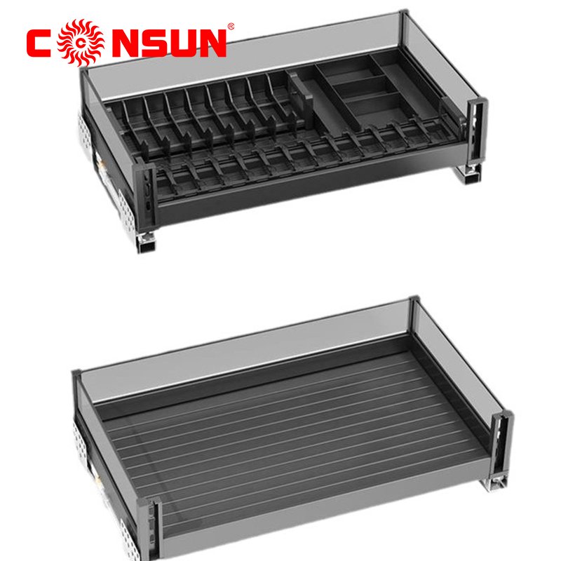 Drawer Type Bowl Dish And Basket Aluminum Pull Out Dish Drawer Basket Multifunctional Kitchen Dish Storage Drawer Basket