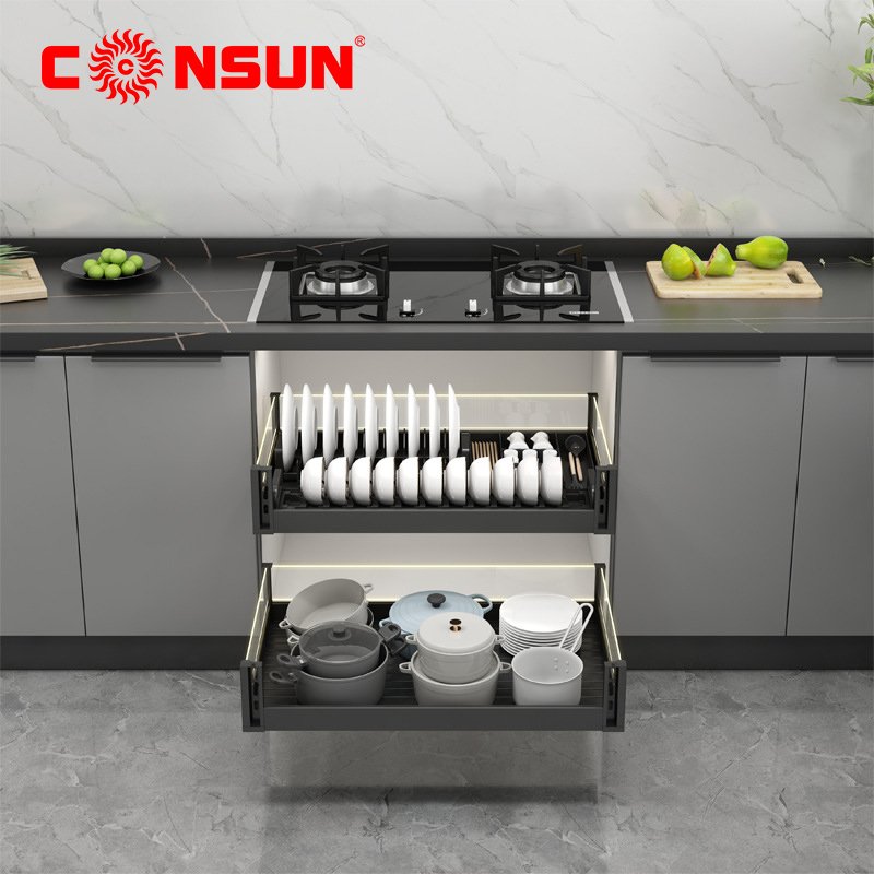 Drawer Type Bowl Dish And Basket Aluminum Pull Out Dish Drawer Basket Multifunctional Kitchen Dish Storage Drawer Basket