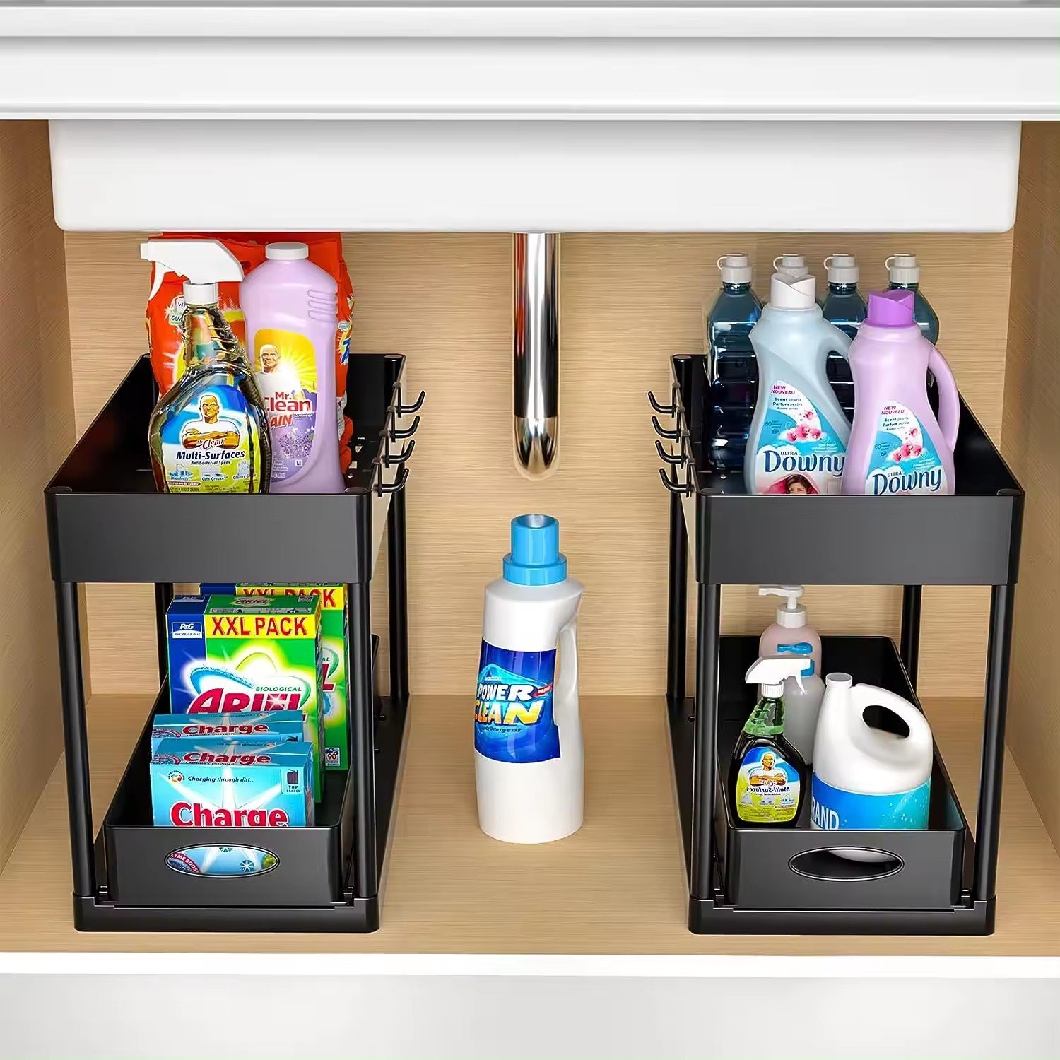 2-Tier Metal Under Cabinet Organizer Pull Out Bathroom Organizer L Shape Undersink Organizers and storage for Home Organization