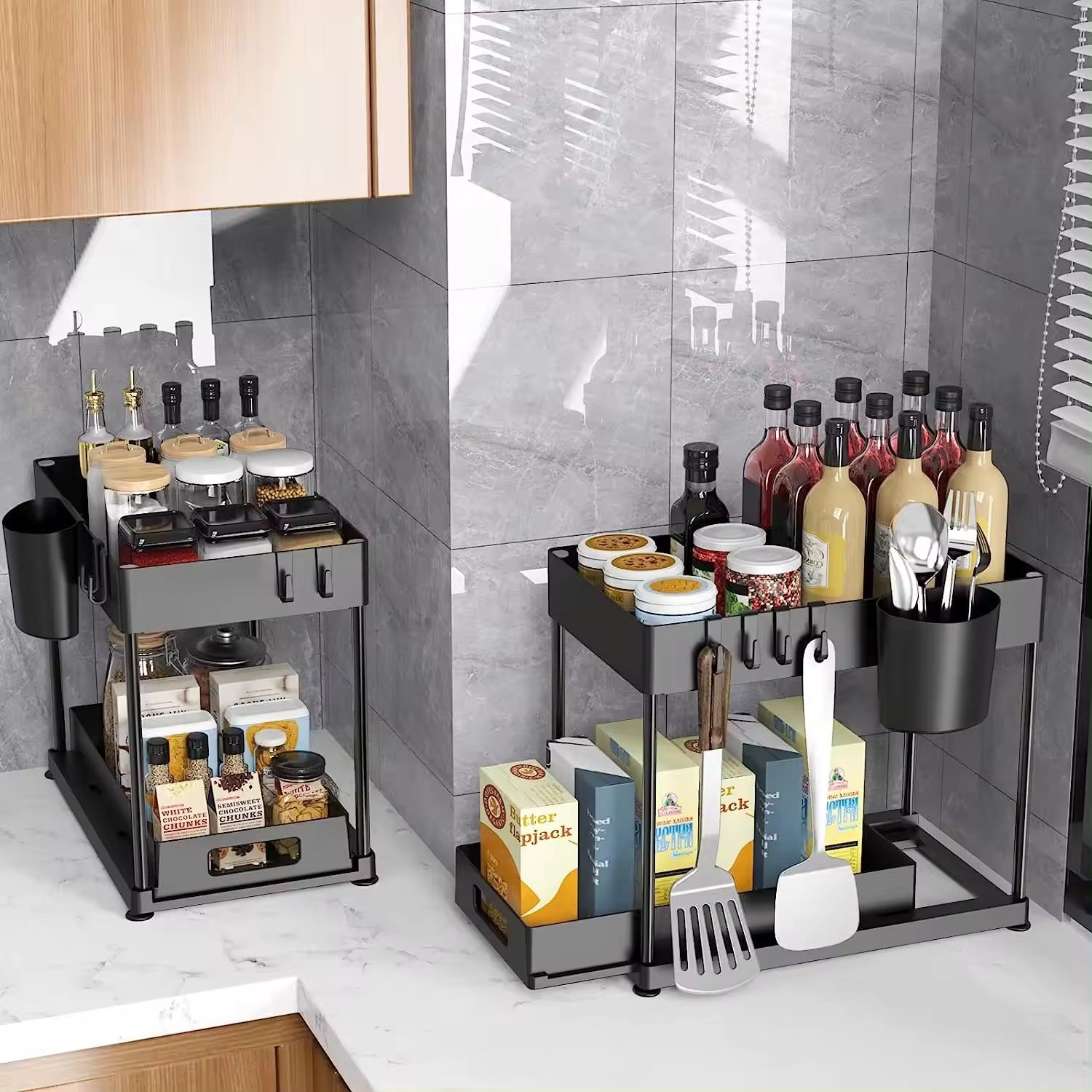 2-Tier Metal Under Cabinet Organizer Pull Out Bathroom Organizer L Shape Undersink Organizers and storage for Home Organization