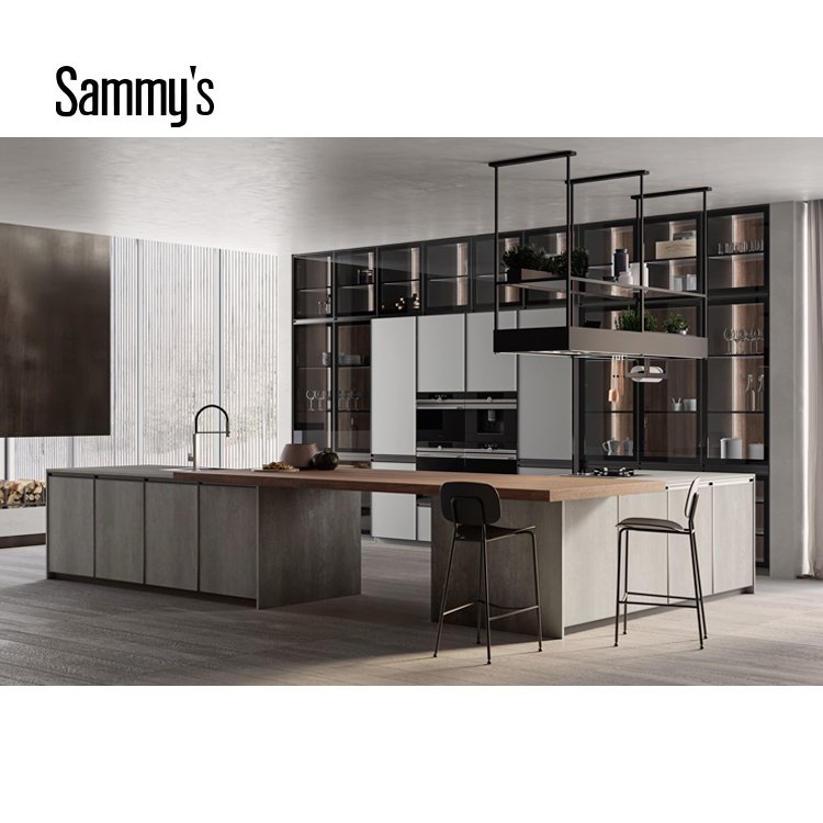 High end ultra matt grey modern kitchen cabinet design with luxury glass door