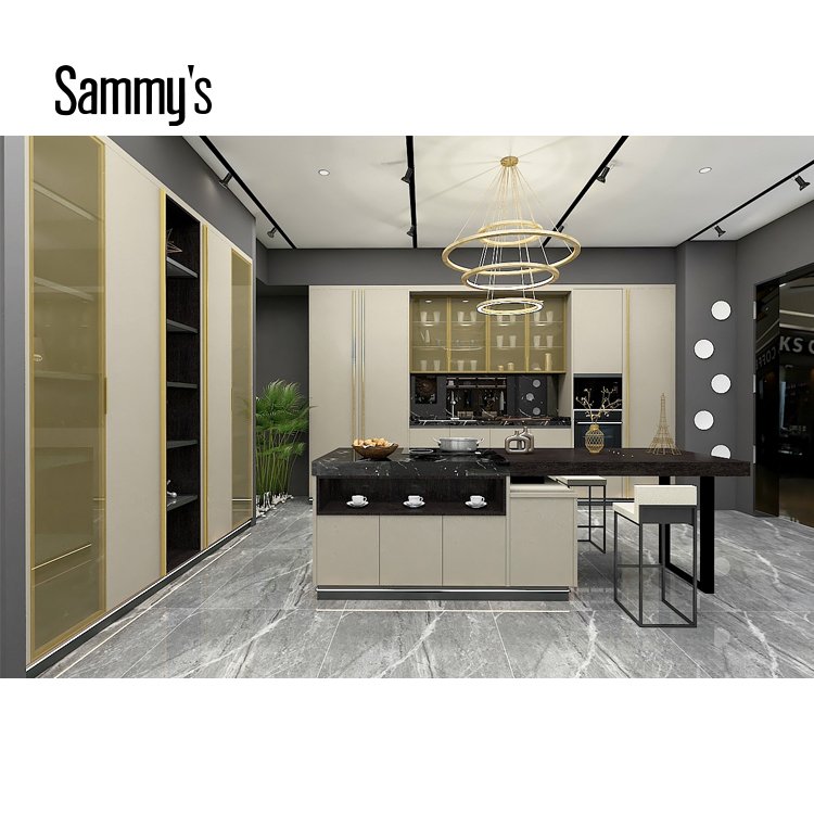 High end ultra matt grey modern kitchen cabinet design with luxury glass door