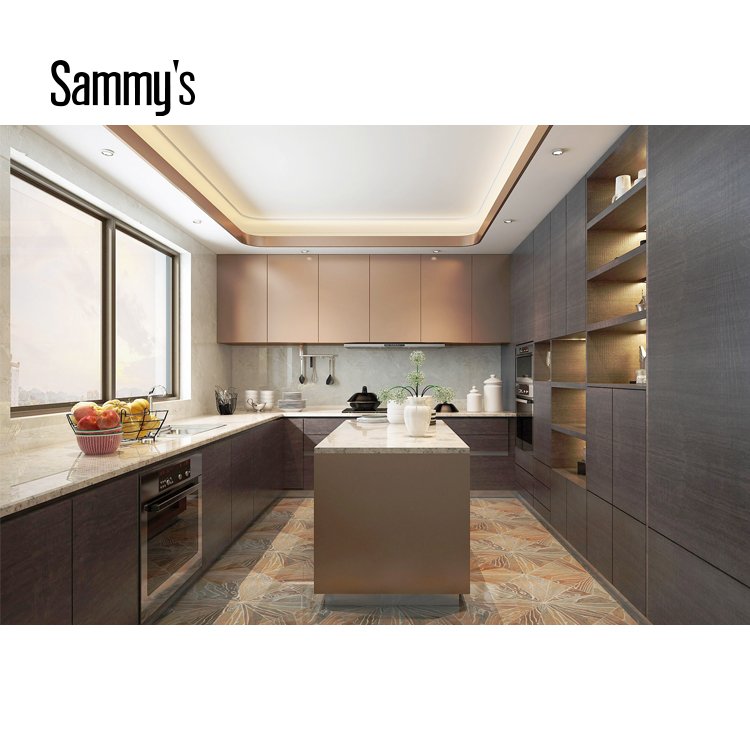 High end ultra matt grey modern kitchen cabinet design with luxury glass door