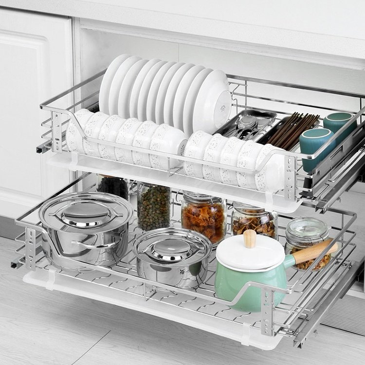 Stainless Steel Kitchen Cabinet Multipurpose Pull out Wire Drawer Basket Sliding Cabinet Organizer