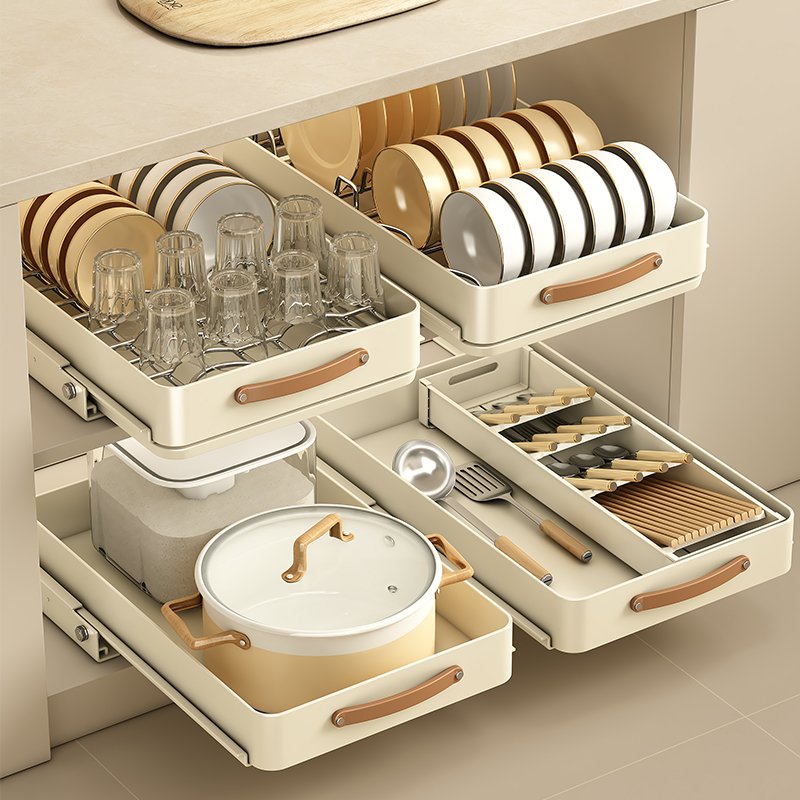 Stainless Steel Kitchen Dish Storage Rack Cabinet Pull-Out Basket Drawer-Style Tray Spice Rack Cabinet Dishes Organizer