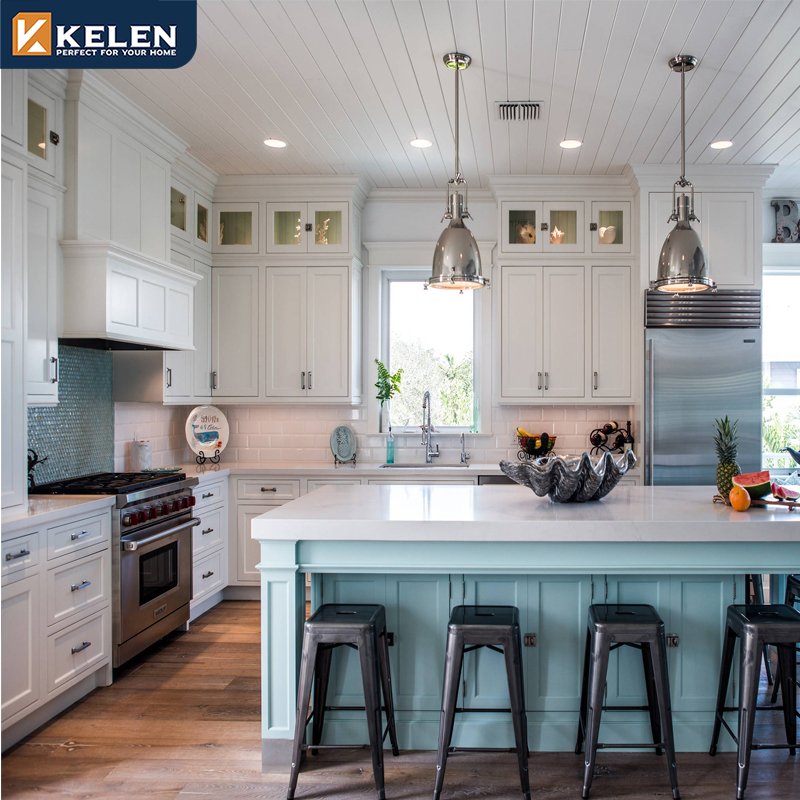 Kelen 2024 custom pine prefabricated furniture supplier base modern island designs white solid wood shaker kitchen cabinet