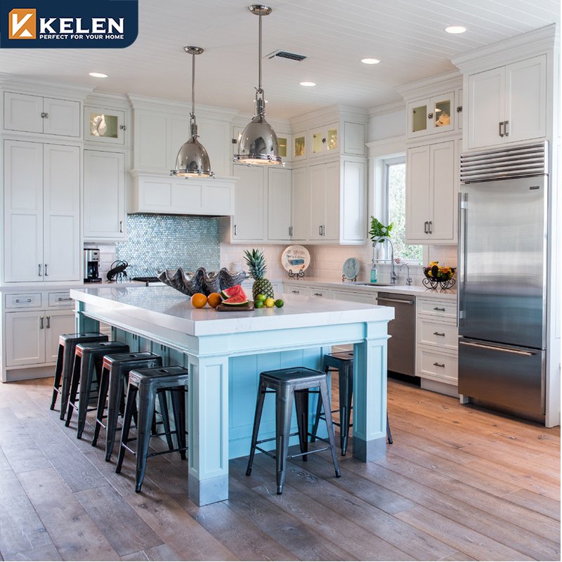 Kelen 2024 custom pine prefabricated furniture supplier base modern island designs white solid wood shaker kitchen cabinet