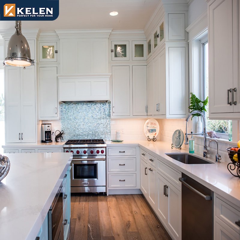 Kelen 2024 custom pine prefabricated furniture supplier base modern island designs white solid wood shaker kitchen cabinet