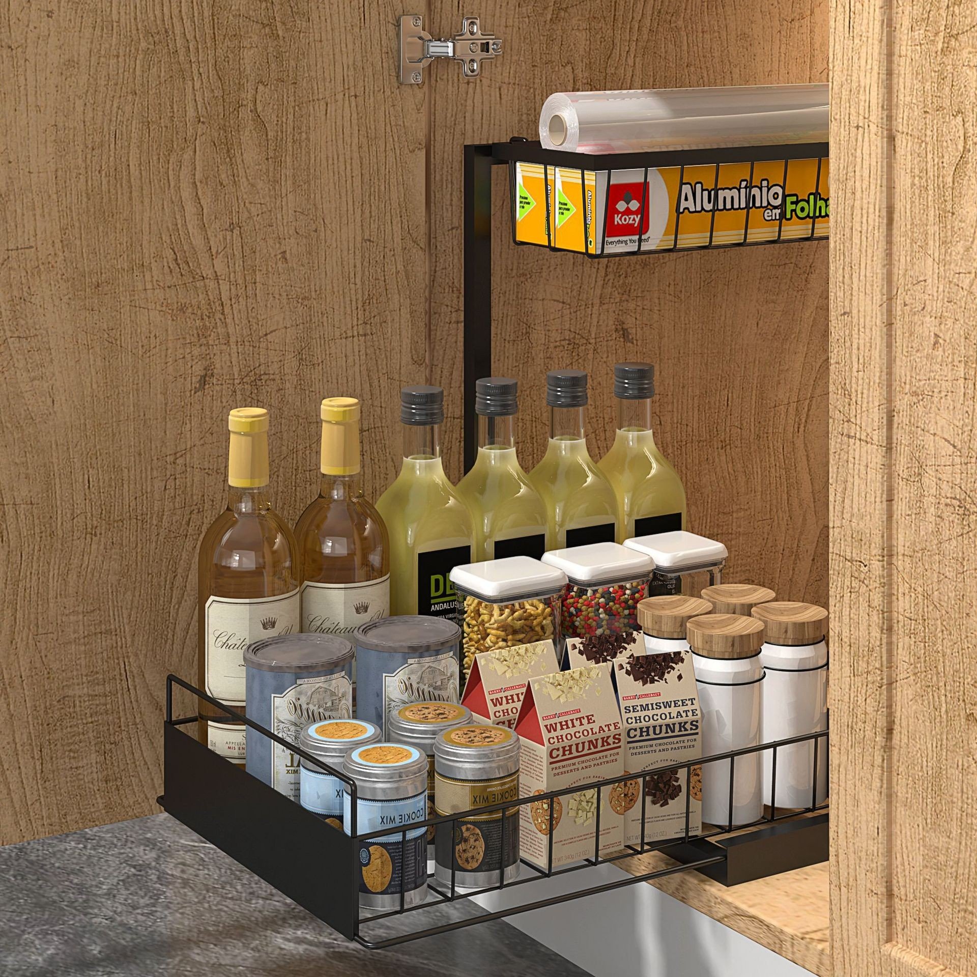 Double-Tier Metal Kitchen Sink Storage Rack Carbon Steel Pull-Out Cabinet for Seasoning Bathroom Countertop Organizer