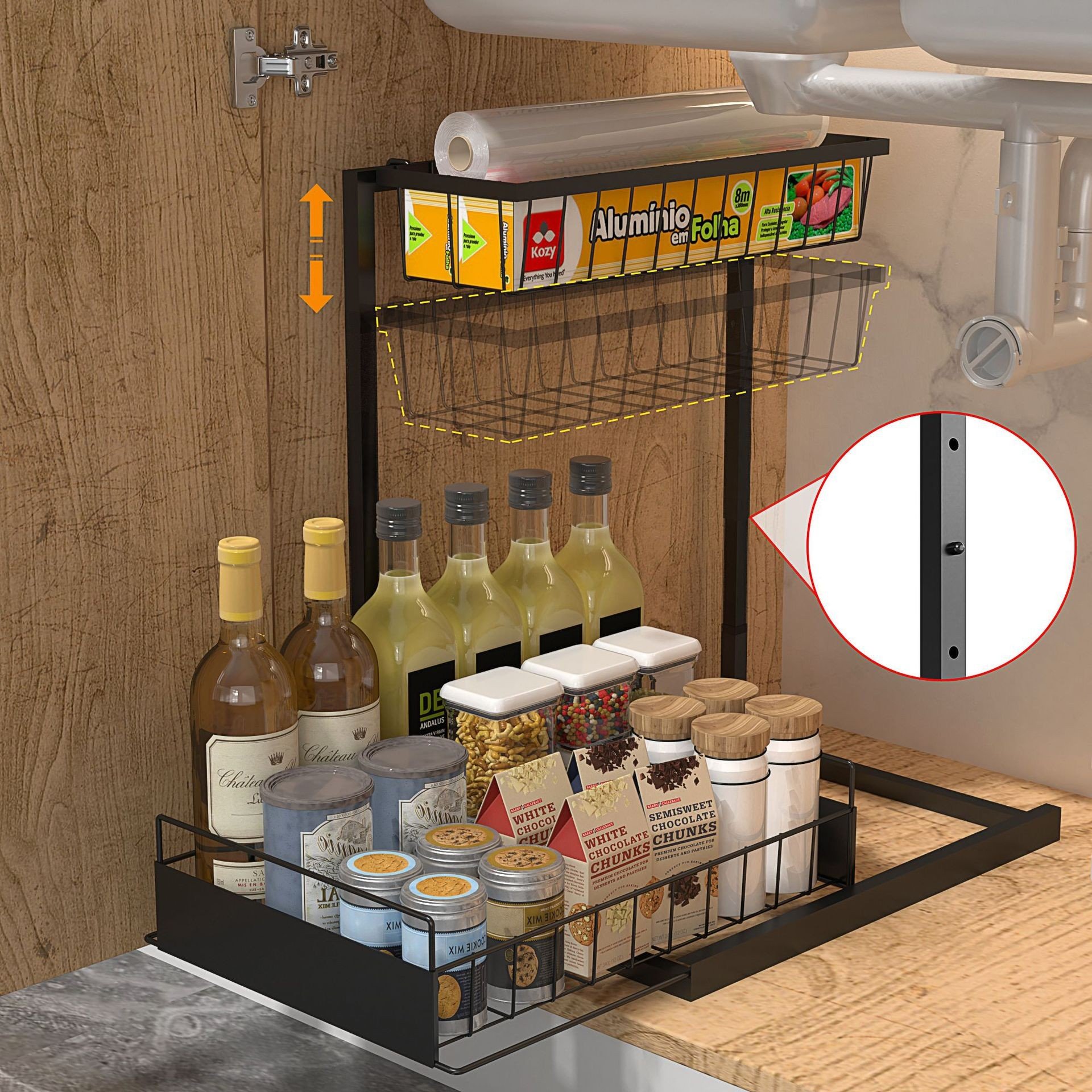Double-Tier Metal Kitchen Sink Storage Rack Carbon Steel Pull-Out Cabinet for Seasoning Bathroom Countertop Organizer