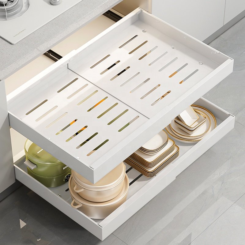 Retractable Kitchen Pull-Out Basket Drawer Punch-Free Adjustable Thickened Storage Rack Under Cabinet Organizer