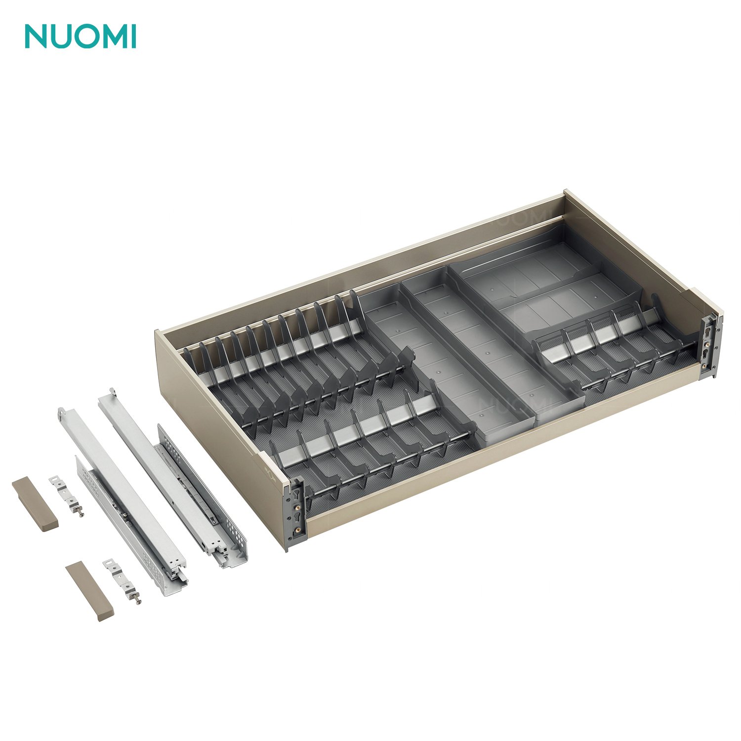NUOMI ENCANTO Kitchen Cabinet Storage Basket Accessories Aluminum Multifunctional Pull Out Dish Drawer Basket with Cutlery Tray