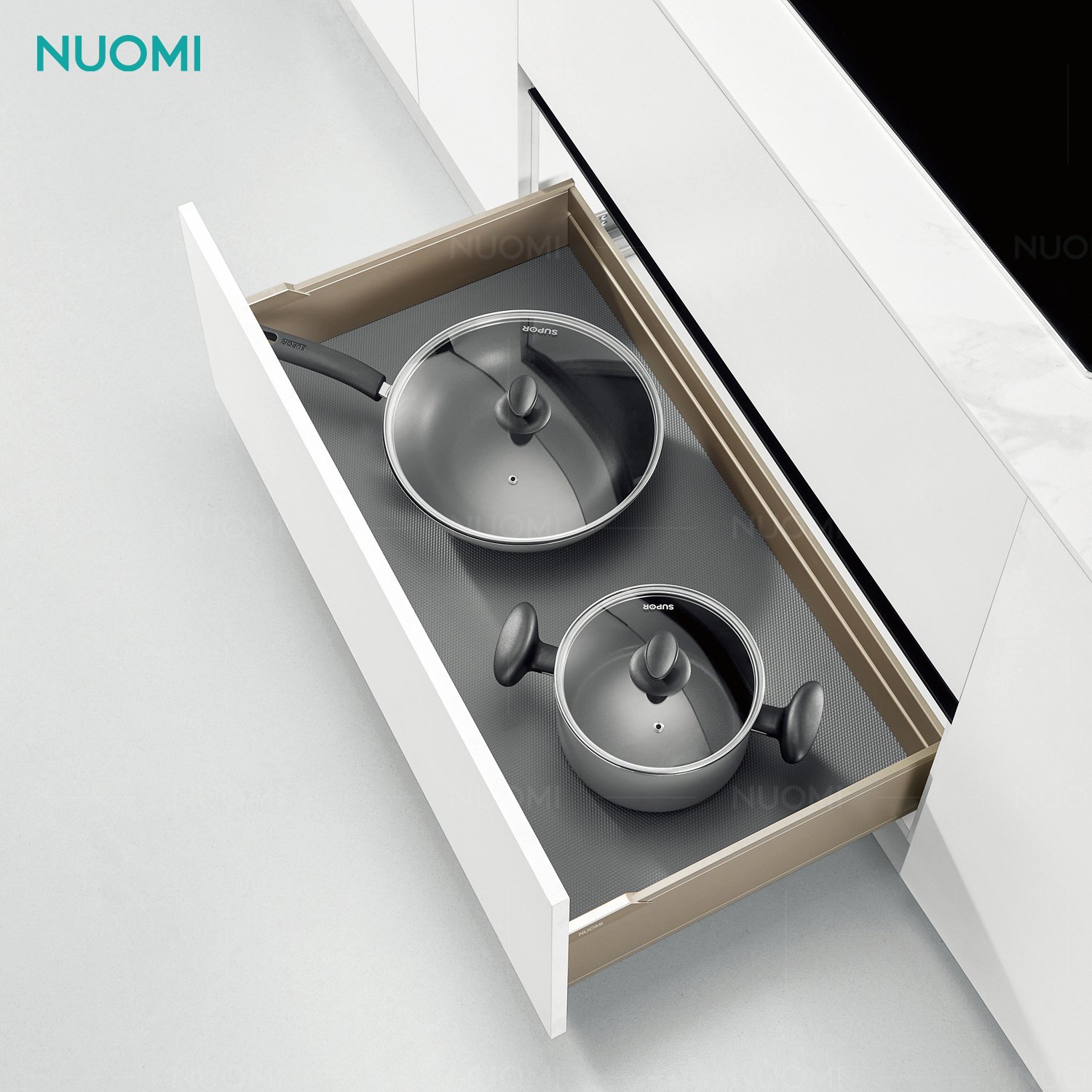 NUOMI ENCANTO Kitchen Cabinet Storage Basket Accessories Aluminum Multifunctional Pull Out Dish Drawer Basket with Cutlery Tray