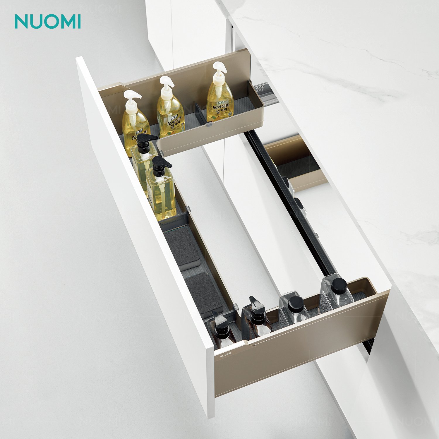 NUOMI ENCANTO Kitchen Cabinet Storage Basket Accessories Aluminum Multifunctional Pull Out Dish Drawer Basket with Cutlery Tray