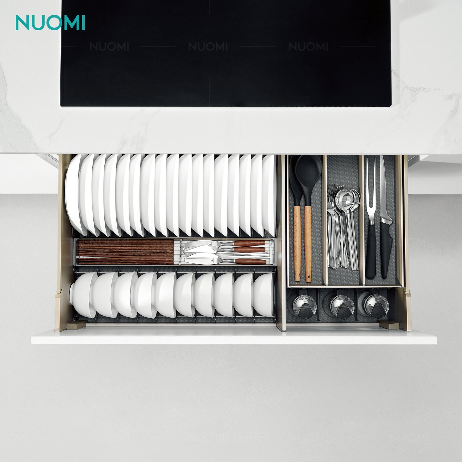 NUOMI ENCANTO Kitchen Cabinet Storage Basket Accessories Aluminum Multifunctional Pull Out Dish Drawer Basket with Cutlery Tray