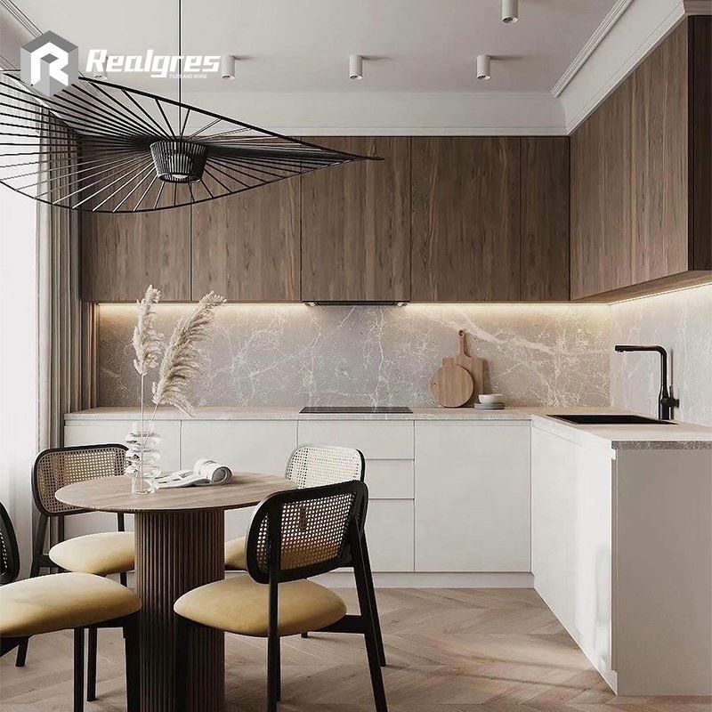 Realgres Export Cheap China Fiberglass White Wood Veneer Kitchen Sink Cabinets Foshan Kitchens