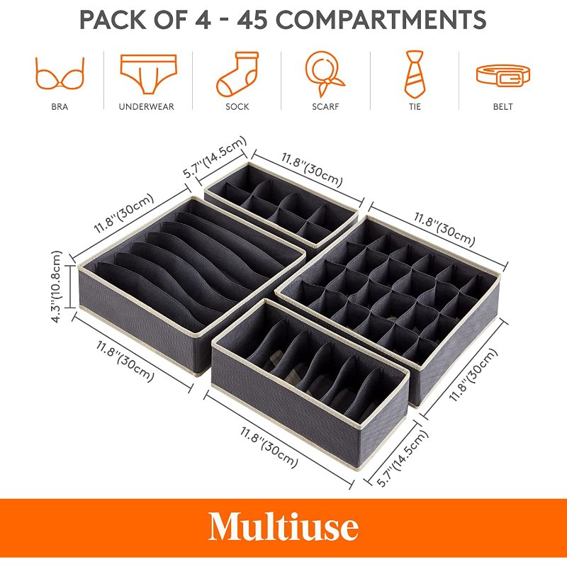 Drawer Underwear Organizer Divider 4 Pieces Fabric Foldable Dresser Storage Basket Organizers Storage Bins for Storing Lingerie