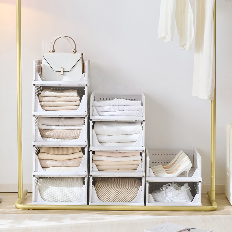 Stackable Plastic Storage Basket-Foldable Closet Organizers And Storage Bins 4 Drawer Shelf Storage Container For Wardrobe