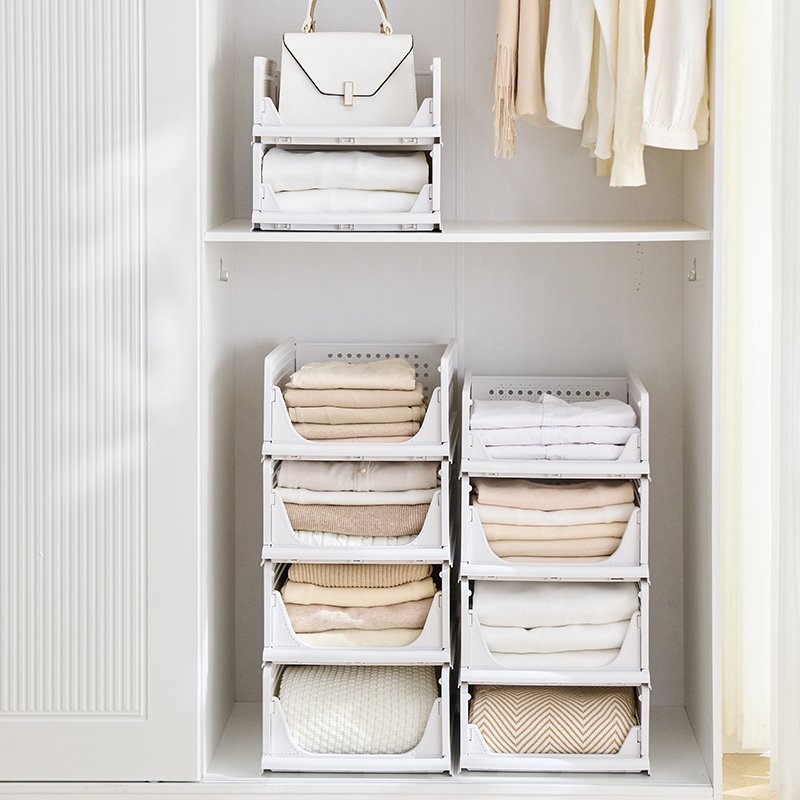 Stackable Plastic Storage Basket-Foldable Closet Organizers And Storage Bins 4 Drawer Shelf Storage Container For Wardrobe