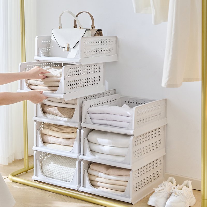 Stackable Plastic Storage Basket-Foldable Closet Organizers And Storage Bins 4 Drawer Shelf Storage Container For Wardrobe