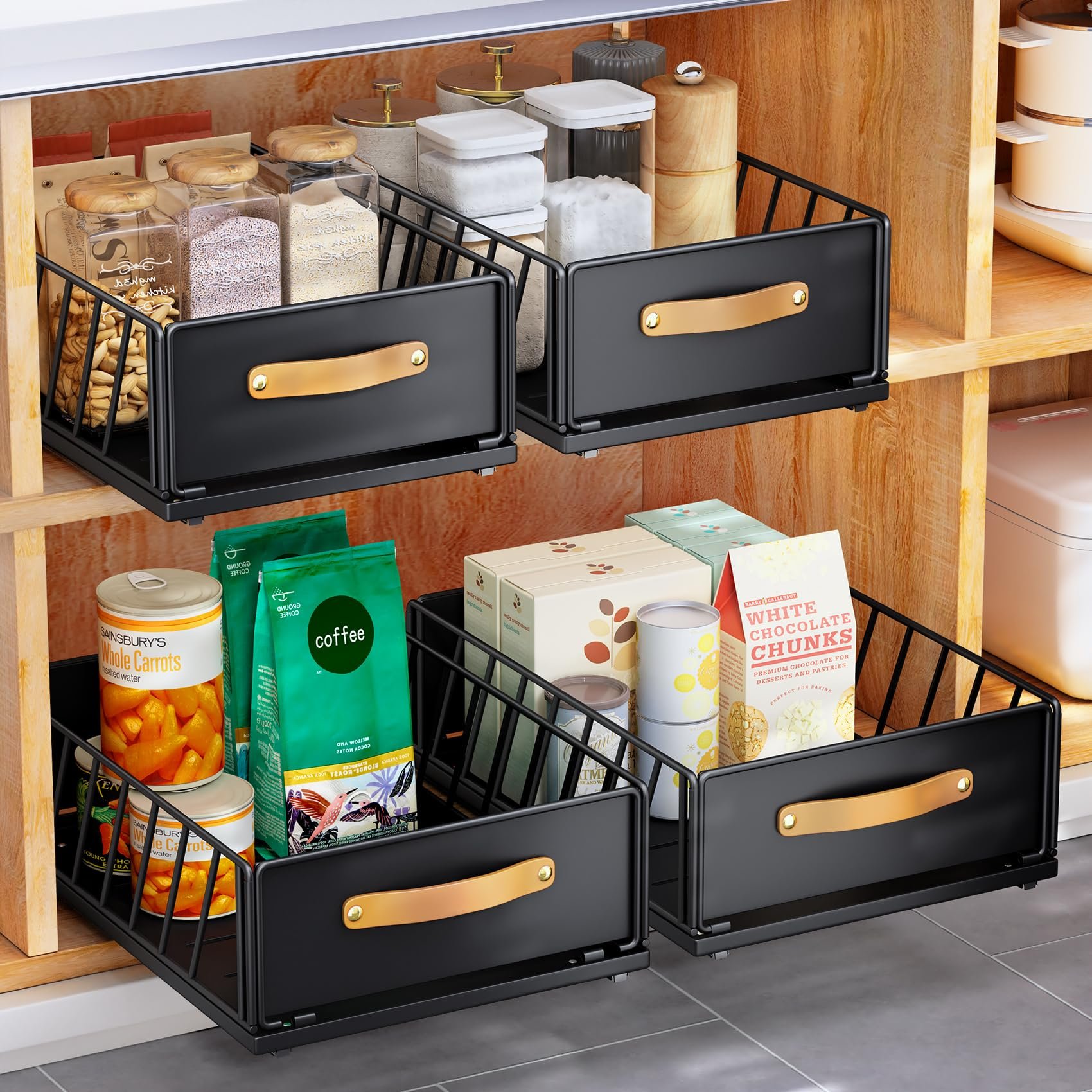Pull out Cabinet Organizer Heavy Duty Sliding Pantry Drawer Fixed with Adhesive Nano Film Cabinet Basket with Leather Handle