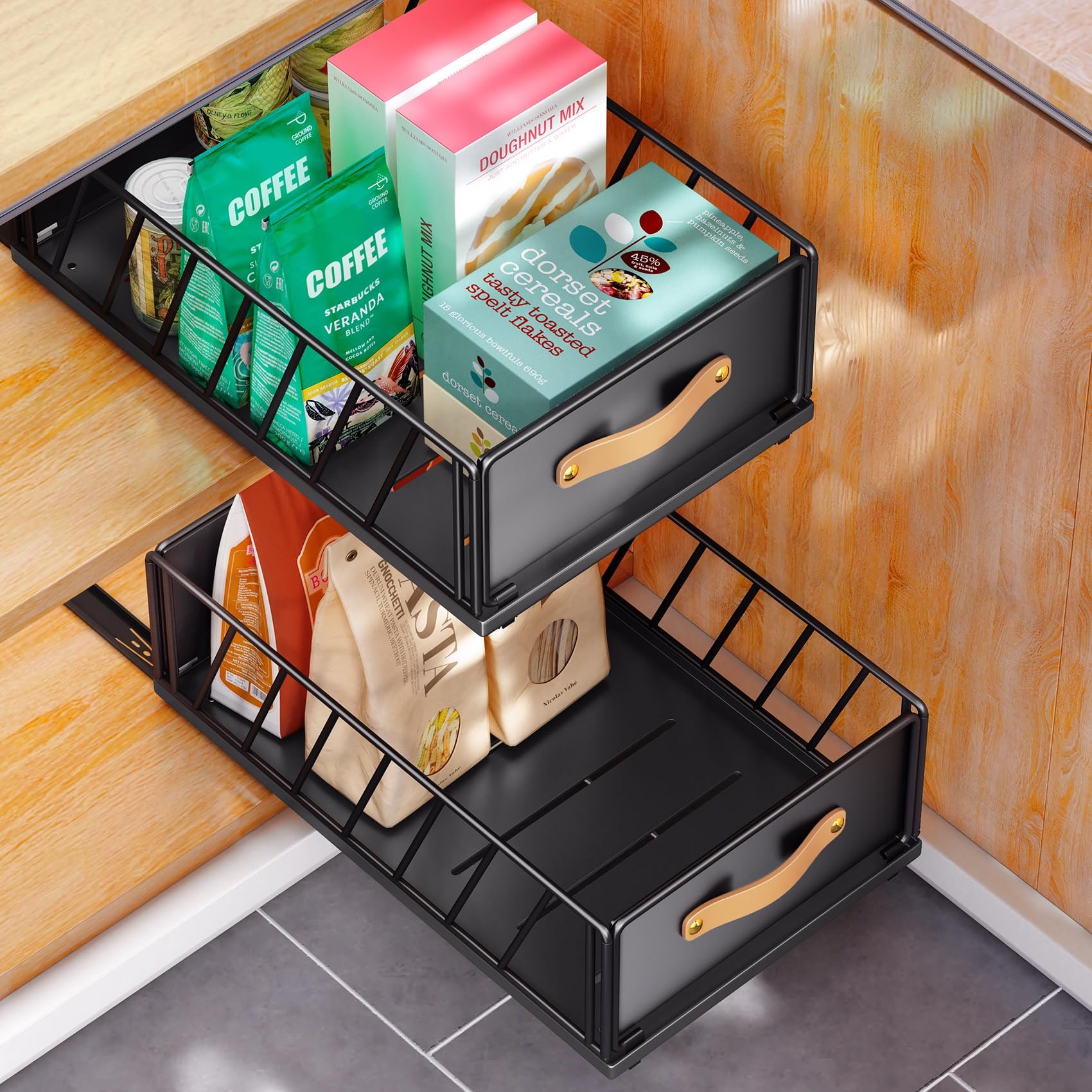 Pull out Cabinet Organizer Heavy Duty Sliding Pantry Drawer Fixed with Adhesive Nano Film Cabinet Basket with Leather Handle