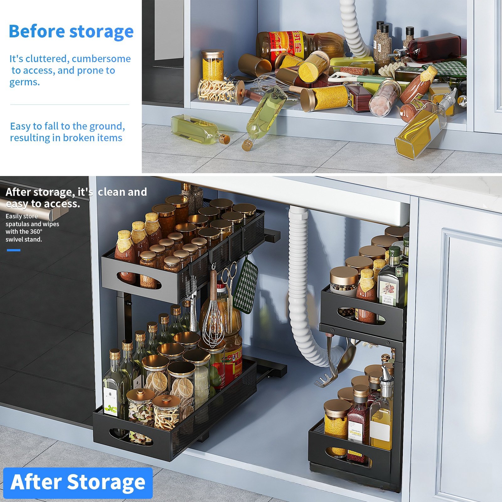 Sliding Cabinet Basket Organizer 2 Tier metal Storage Rack with Hooks Under Sink Organizer with Drawer