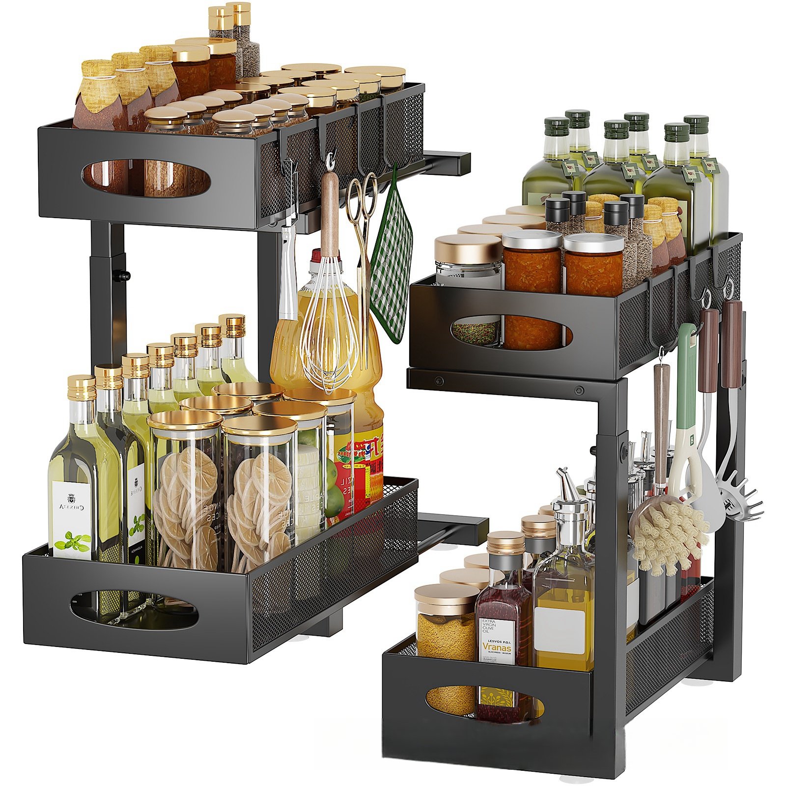 Sliding Cabinet Basket Organizer 2 Tier metal Storage Rack with Hooks Under Sink Organizer with Drawer