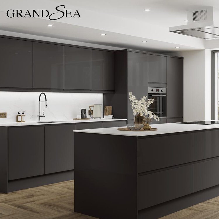 2024 Best Simple Melamine Dark Black Luxury Large Modular Solid Wood Kitchen Cupboard Pantry Cabinet Set