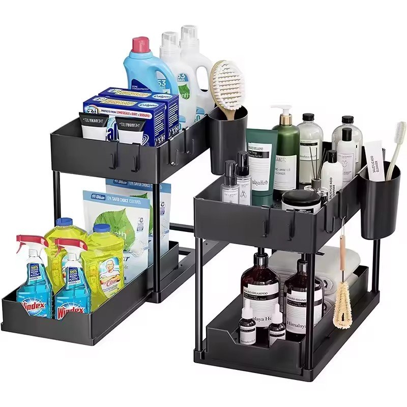 2 Tier Pull Out Cabinet Organizer Sliding Cabinet Basket Organizer Bathroom Kitchen Storage with Siding Drawers