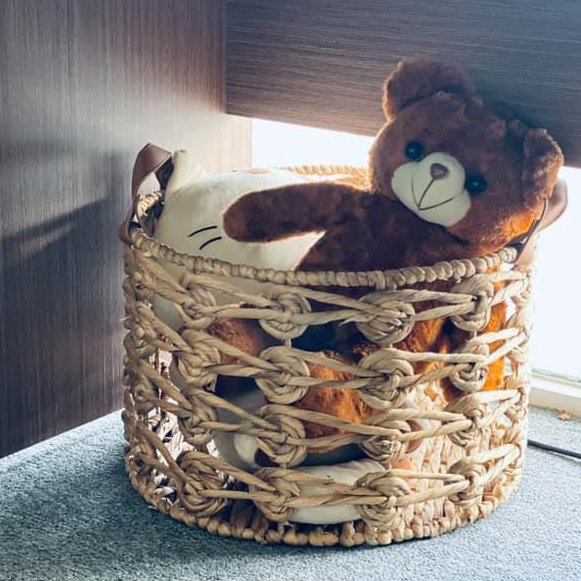 Round Woven Straw Laundry Basket with Leather Handles Water Hyacinth Storage Basket